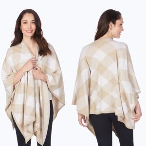 Foxcroft NYC The Walker Diamond Plaid Ruana Wrap Sweater Poncho Champagne 1X